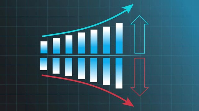 Bar chart and arrow showing rising quality and decreasing cost representing quality improvement and cost reduction concept in blue theme grid background.