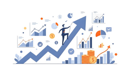 Obraz premium Businessman Climbing Growth Arrow SVG Vector with Financial Icons for Success and Investment Strategy Concepts