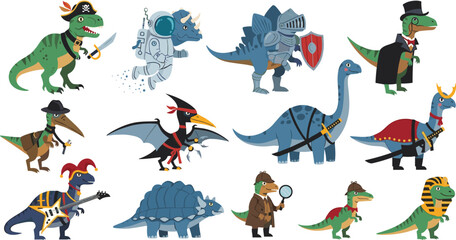 Dinosaur Character Vector Set Featuring Pirate Astronaut Knight Detective Musician Cartoon Dinos in Costumes for Kids Fantasy Design Flat Illustration Collection © Shefali
