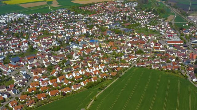 Aerial view beside the old town of the city aerial view Erbach an der Donau in Germany, on a sunny spring noon
