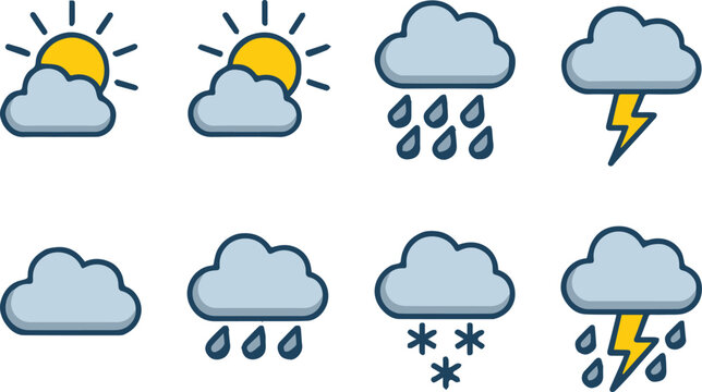 weather icons flat line art sun cloud rain thunder lightning snow sets