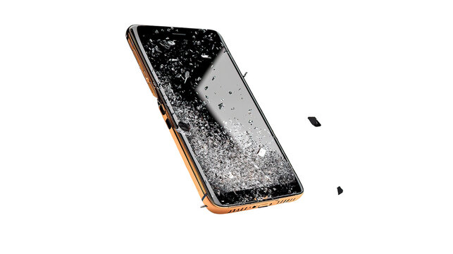 A smartphone with a cracked and shattered screen on transparent background