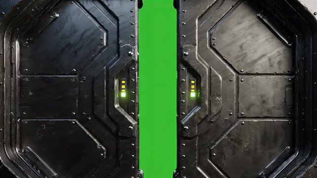 Heavy metallic sci-fi portal frame, with glowing green and yellow indicators, frames a chroma key green background