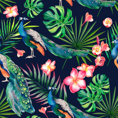 Obraz premium Peacock and flowers, palm branches, monstera on a dark background, seamless pattern. Watercolor illustration drawn by hand. Tropical plant and flower ornament for fabric and packaging decor.