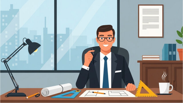 Businessman sitting at office desk with papers and city view