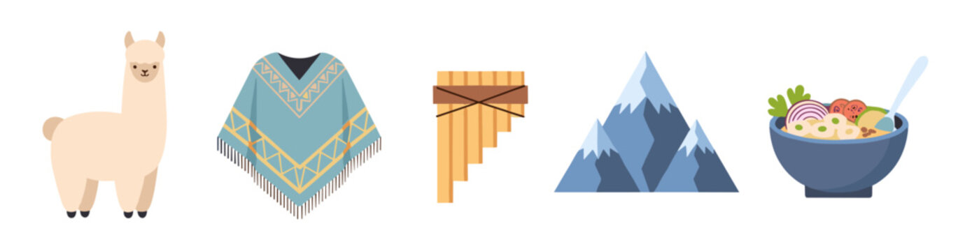Andean cultural elements and symbols are beautifully illustrated together, featuring a llama, poncho, pan flute, mountains, and traditional food.