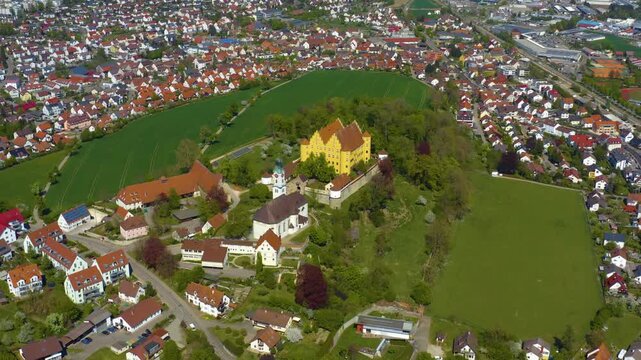 Aerial view beside the old town of the city aerial view Erbach an der Donau in Germany, on a sunny spring noon