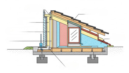 A detailed cross-section illustration of a modern house foundation and roof structure © Stock Image Paradise