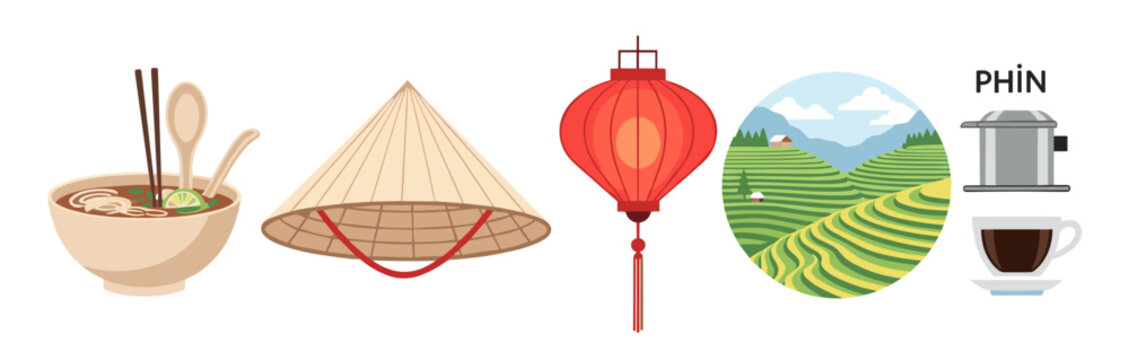 Vietnamese cultural elements and traditional symbols are beautifully illustrated in a vibrant collection representing the country's rich heritage and iconic imagery.
