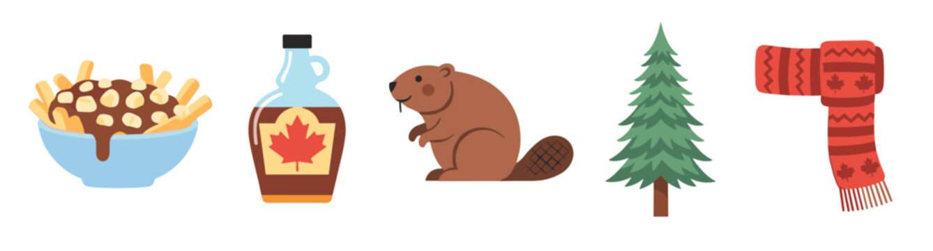 Canadian symbols and cultural elements are depicted in a charming cartoon style, including poutine, maple syrup, a beaver, a tree, and a scarf.