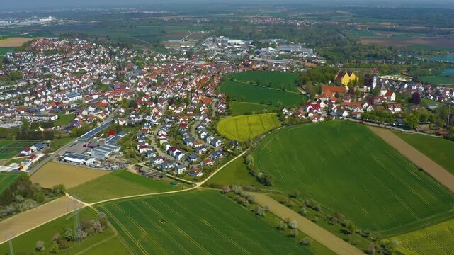 Aerial view beside the old town of the city aerial view Erbach an der Donau in Germany, on a sunny spring noon