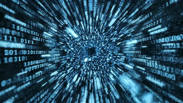 DNA helix transforming into flowing digital data streams, glowing particles turning into binary code