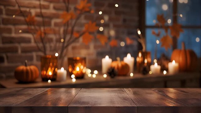 Cozy autumn table setting with pumpkins, candles, and warm bokeh lights in rustic indoor decor