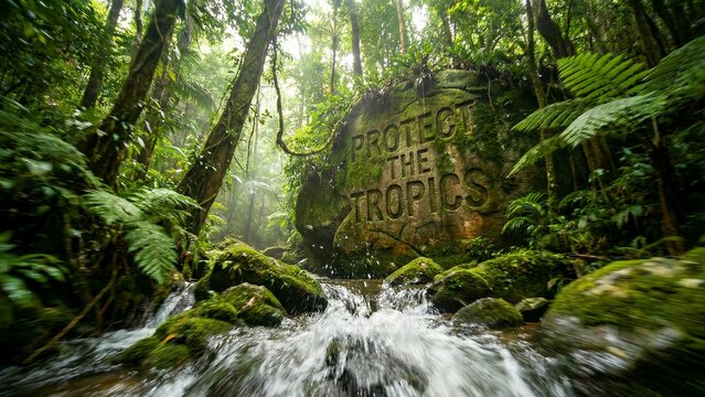 Lush vibrant tropical rainforest stream rushes over moss covered rocks below a carved message urging conservation and protection of vital ecosystems.