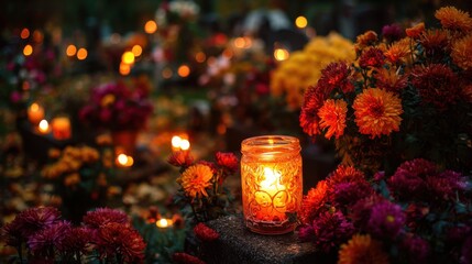 Grave Decoration with Lit Votive Candle and Chrysanthemums, Autumnal Day Ligt, All Saints' Day and All Souls' Day in Poland, Day of the Dead Memorial Tradition