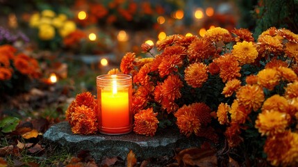 Grave Decoration with Lit Votive Candle and Chrysanthemums, Autumnal Day Ligt, All Saints' Day and All Souls' Day in Poland, Day of the Dead Memorial Tradition