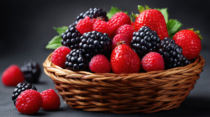 Obraz premium A wicker basket filled with a vibrant assortment of fresh strawberries, blackberries, and raspberries creates a tempting display of healthy and delicious summer fruits.