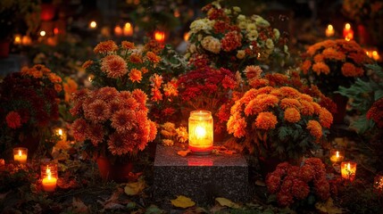 Grave Decoration with Lit Votive Candle and Chrysanthemums, Autumnal Day Ligt, All Saints' Day and All Souls' Day in Poland, Day of the Dead Memorial Tradition