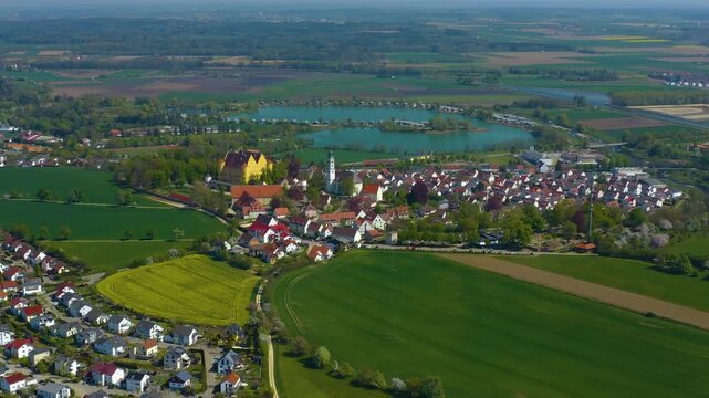 Aerial view beside the old town of the city aerial view Erbach an der Donau in Germany, on a sunny spring noon