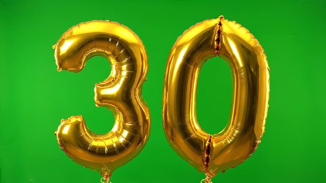 Golden Number 30 Balloons on Green Screen Background