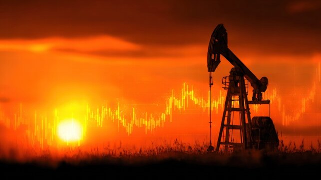 Oil pump jack silhouette with an overlaid financial graph against a sunset.