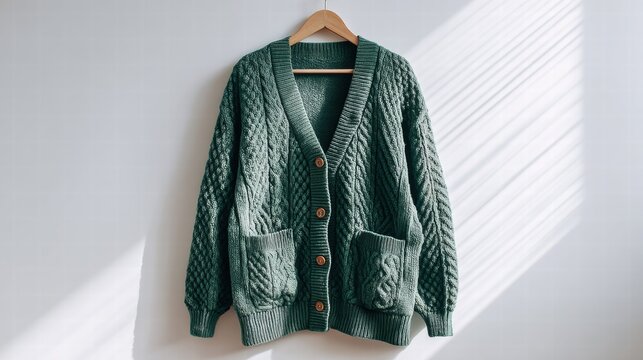 Green cable knit cardigan hanging on a wooden hanger against a white wall.