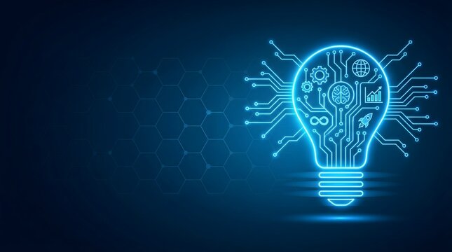 Glowing blue lightbulb made of printed circuit board lines enclosing business and artificial intelligence icons