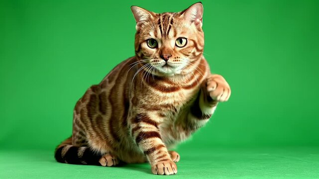 A tabby cat with striking patterns sits alert on a vivid green surface