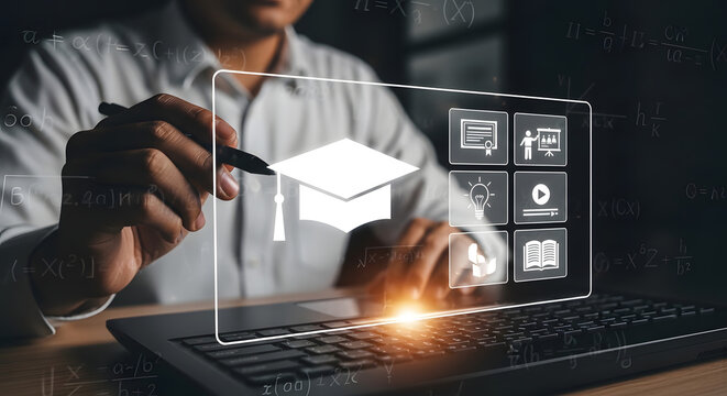 Person interacting with virtual education interface on laptop at desk