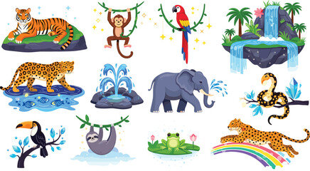 Fototapeta premium Wild Jungle Animal Vector Set Featuring Tiger Monkey Parrot Elephant Leopard Snake Toucan Sloth Frog Cartoon Characters Nature Scene Flat Illustration Collection
