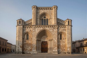 Fototapeta premium A grand Gothic church stands majestically in a serene Spanish setting, bathed in warm late afternoon sunlight.