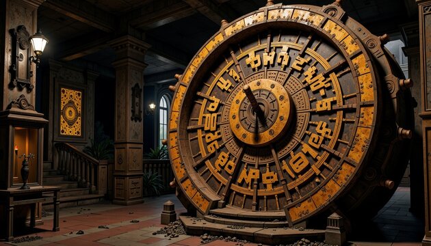 Intricately Designed Ancient Mechanical Wheel in a Mysterious Dimly Lit Room with Architectural Details and Symbolic Carvings Depicting a Sense of Enigma and Wonder
