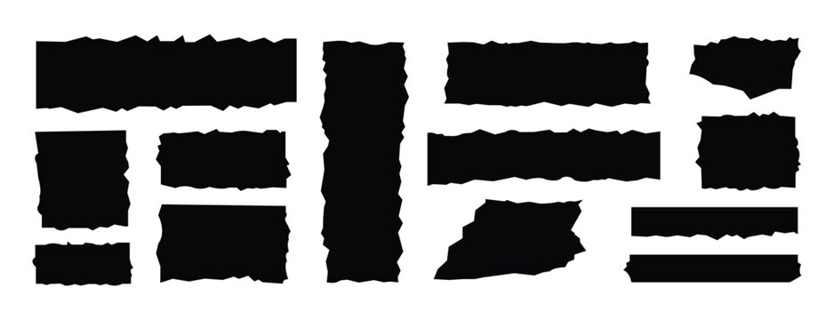 Black torn paper shapes set. Rough edge frames, jagged rectangle ripped paper elements with grunge texture for modern design