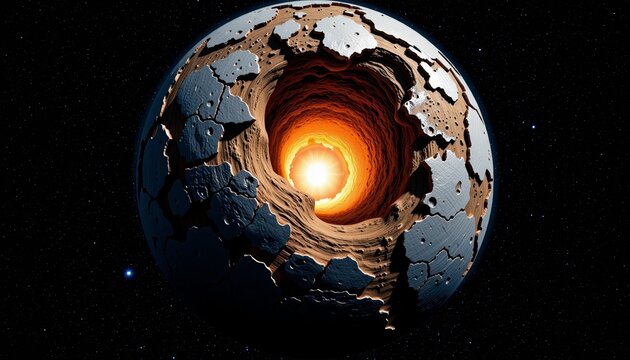 Intriguing Cosmic Phenomenon: Mysterious Hollow Celestial Body with a Luminous Core Against the Vastness of Outer Space