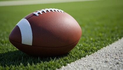 Fototapeta premium Football Resting on the Field With Green Grass and White Lines During a Game Practice