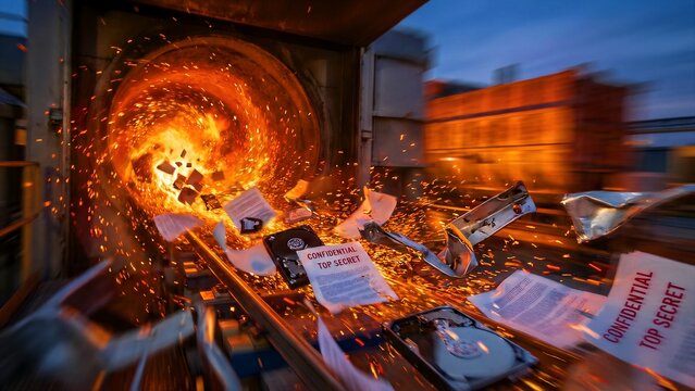 Secure industrial shredding process aggressively destroying confidential documents and old hard drives amidst bright orange sparks and molten metal fragments
