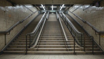 Fototapeta premium Stairs in an Empty Subway Station With Bright Lights and Smooth Walls at Night