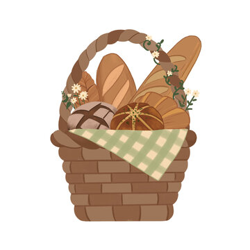 Wicker Basket with Bread and Pastries - Cozy Bakery Cottagecore Illustration 
