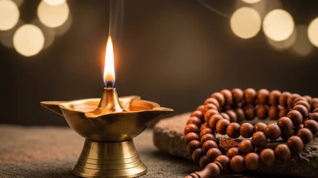 Traditional brass oil lamp and prayer beads on stone background for mahavir jayanti and buddha purnima celebration rituals with selective focus and warm golden lighting