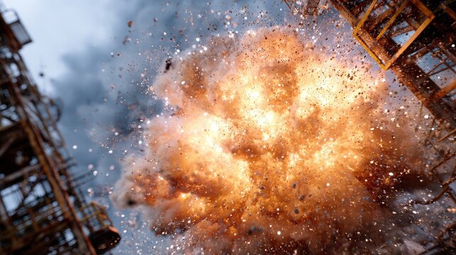 Oil refinery explosion creates a dramatic burst of energy and debris against a cloudy sky at dusk highlighting safety risks in industrial environments
