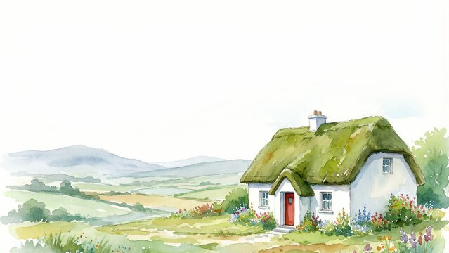 Charming watercolor painting depicts a traditional white Irish cottage with a vibrant green thatched roof nestled in rolling pastoral countryside hills.
