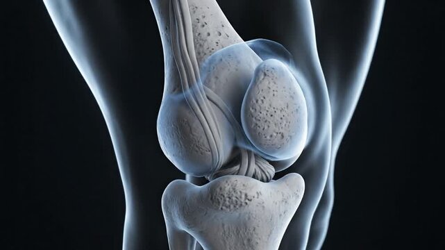 Detailed 3D rendering of human knee joint anatomy, showcasing bones and cartilage for medical education.