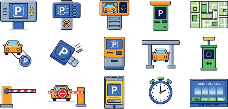 Smart car parking management and automated vehicle security icon set