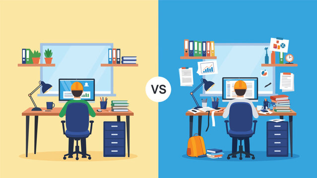 Comparison between a clean and organized workspace versus a messy and cluttered office desk for productivity analysis.