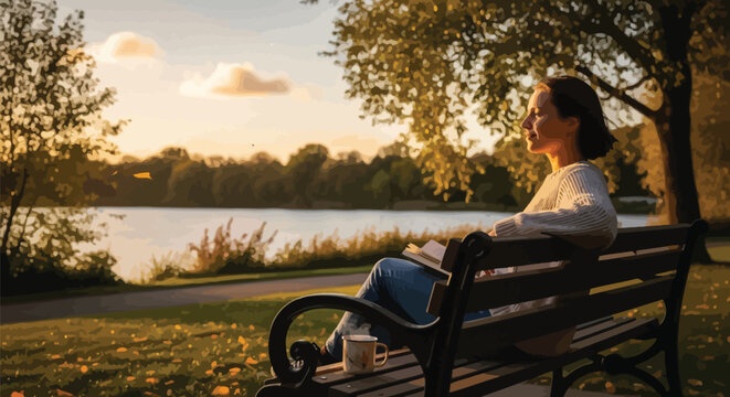 Woman sitting on a park bench with a book and coffee