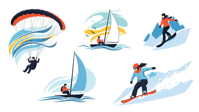 Set of illustrations featuring adventurous people participating in extreme sports like paragliding, sailing, and snowboarding in scenic environments.