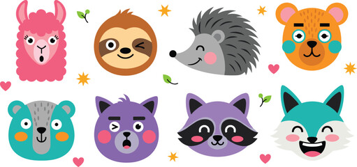 Fototapeta premium Cute Animal Face Vector Set Featuring Bear Fox Raccoon Sloth Hedgehog Llama Cartoon Characters for Kids Design Emoji Style Flat Illustration Collection