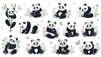 Naklejka premium Set of adorable hand-drawn panda characters in various poses surrounded by delicate spring flowers, butterflies, and sparkling stars.