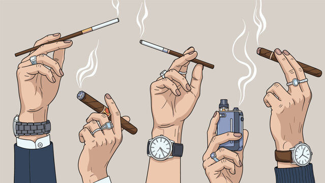 Diverse hands wearing elegant watches and rings holding various smoking items including cigarettes, cigars, and a modern electronic vape device.