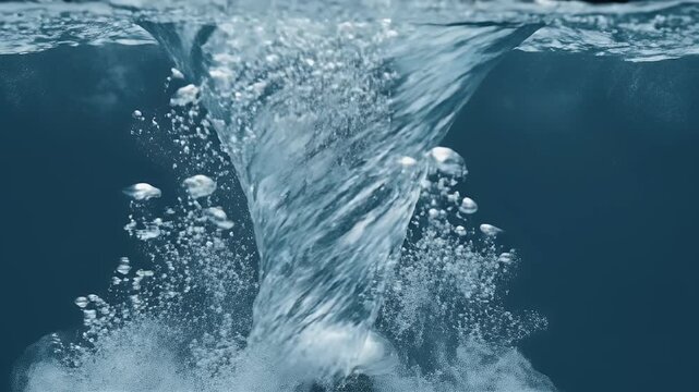A powerful water vortex with swirling motion and numerous air bubbles